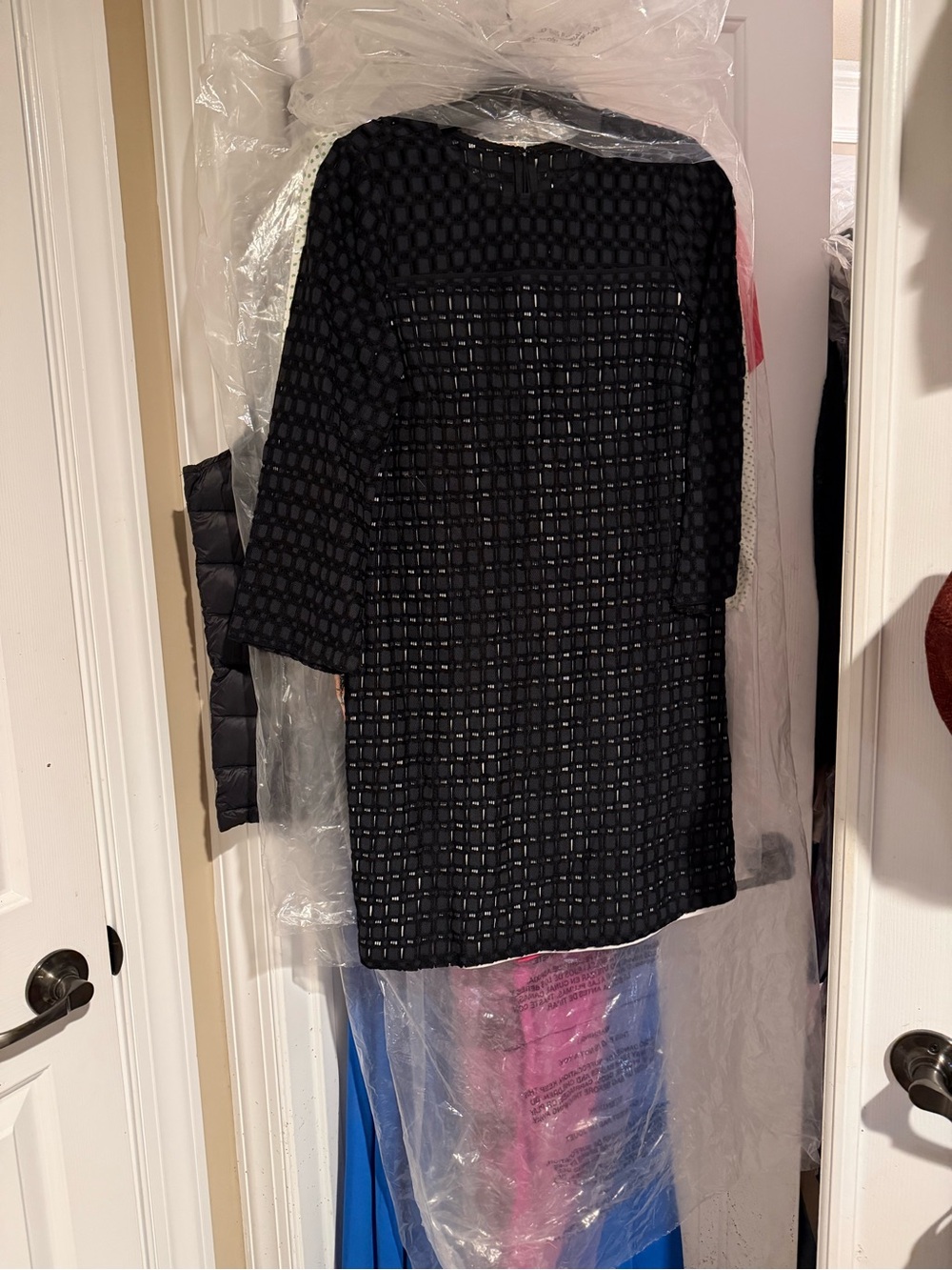 ERIN by Erin Fetherston Black Textured Grid Shift Dress with 3/4 Sleeves